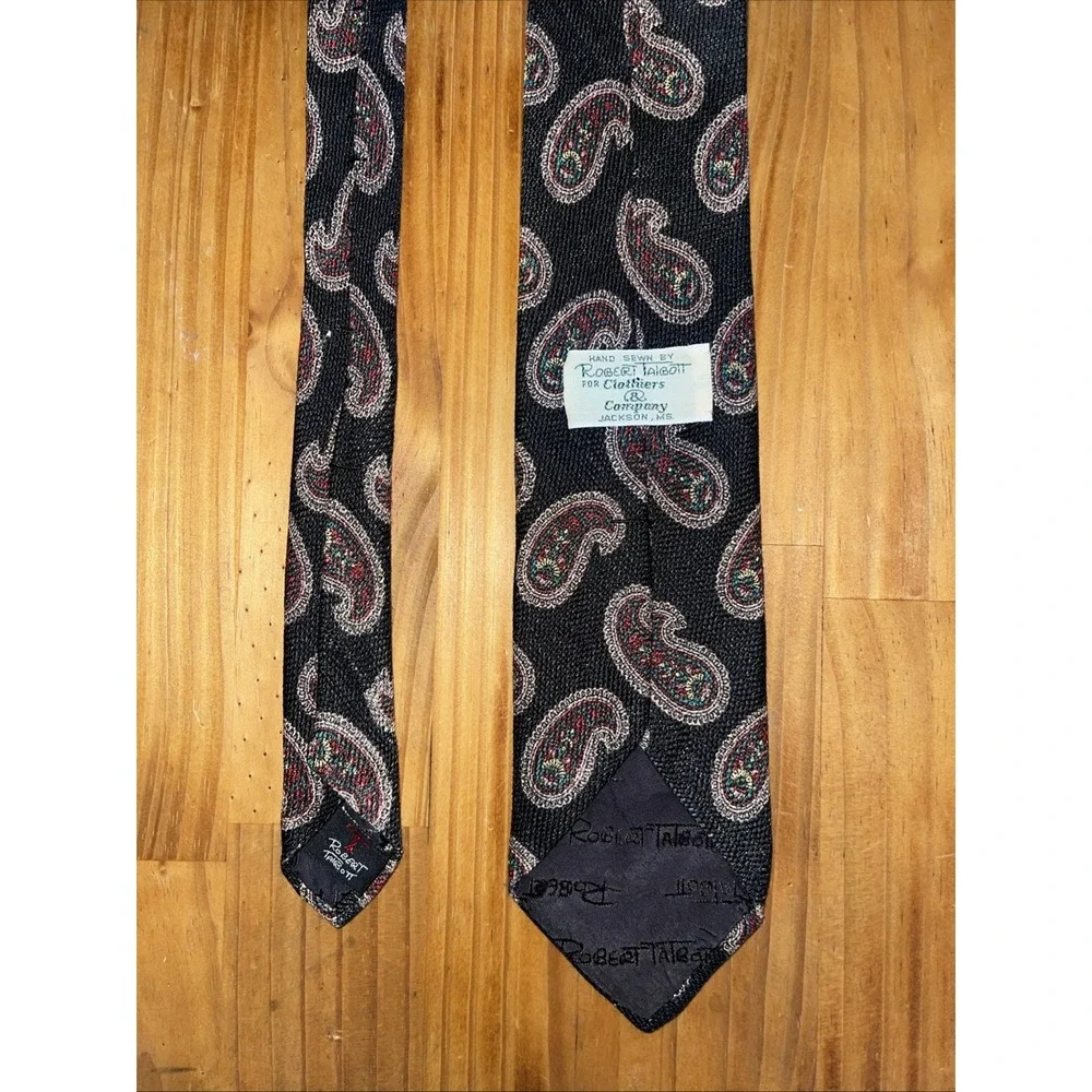 Robert Talbot Hand Sewn Necktie Men Black Linen Silk Paisley Vintage Wedding‎